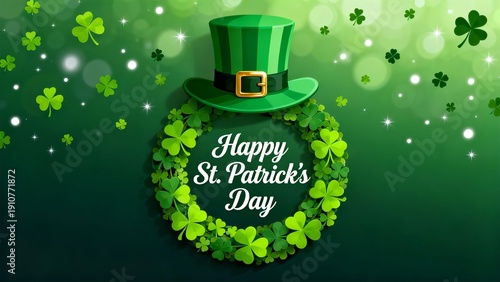 Happy St Patricks Day Greeting with Green Top Hat and Shamrock Wreath on Festive Bokeh Background for Holiday Cards and Social