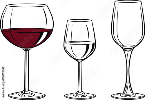 A set of crystal red wine glasses filled with elegant crimson liquid stands isolated for a celebration, reflecting the sophisticated atmosphere of a restaurant bar or dinner party beverage service