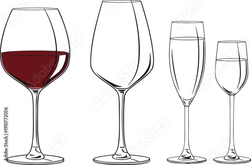 Two crystal glasses filled with red wine and white champagne reflect a celebratory atmosphere, featuring elegant transparent stemware for a party or restaurant toast