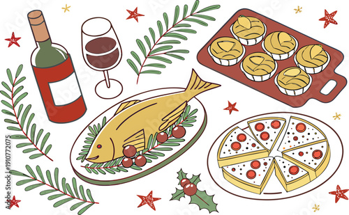 Delicious set of food and drinks featuring Italian pizza vector illustration with pepperoni, mozzarella cheese, and tomato slices for a hot restaurant dinner meal