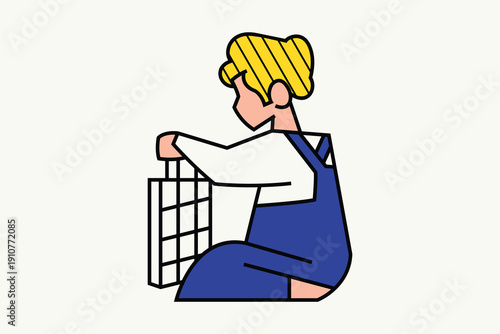 Cartoon person with yellow hair, blue overall, white shirt, holding rectangular grid object, minimal modern design.