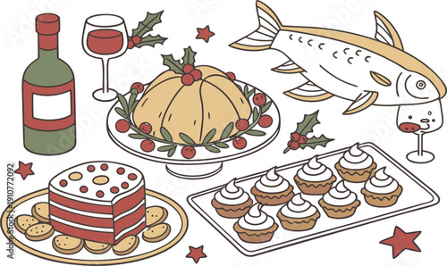 Vector illustration of a set of various sweets featuring a collection of dessert icons like candy, cream, and chocolate alongside cafe breakfast items and fast food meals