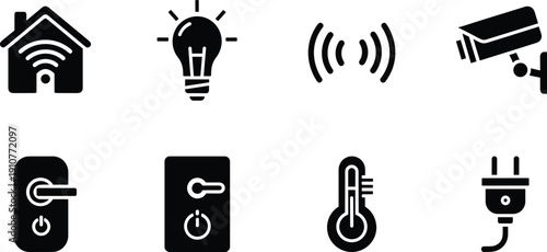 Smart home black and white technology automation house smart home, black and white, technology, automation, house, light bulb, security camera, door lock, thermostat, plug, wireless signal, power butt