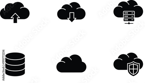 Black cloud with upload download server database and shield cloud, cloud upload, download, server, database, shield, security, data storage, cloud computing, black and white, symbols, cloud storage, d