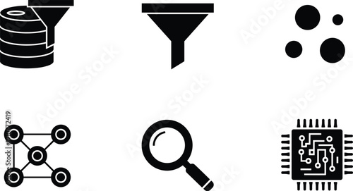 Black and white of business process and technology business process, technology, black and white, funnel, database, network, magnifying glass, microchip, circuit board, data analysis, marketing, finan
