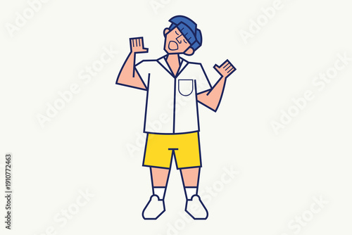 Cartoon character with blue cap, white shirt, yellow shorts, and raised arms, eyes closed, minimal playful design.