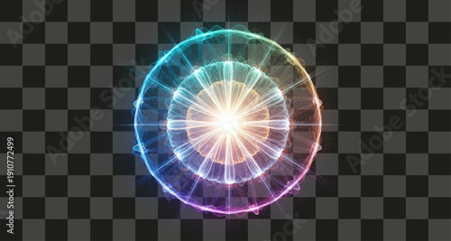 Energy Sphere Concentric Rings Digital Explosion Effect Glowing Rainbow Spectrum Dark Empty Space