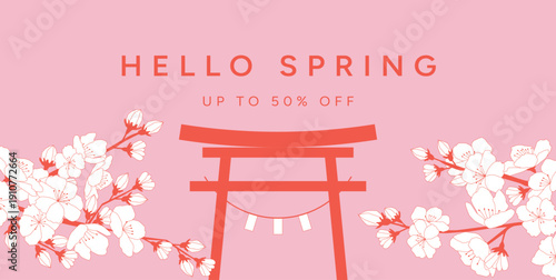 Hello Spring sale banner with red torii gate and cherry blossom branches on soft pink background, Japanese sakura season concept. Minimal floral line art design for social media promotion, advertising