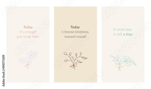 Minimal self care affirmations stories template with botanical line art in soft pastel colors