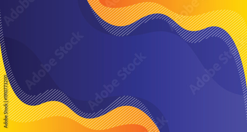 A modern abstract background featuring a deep blue central area with dynamic yellow and orange fluid shapes, enhanced by subtle halftone dots and diagonal line accents for an energetic look