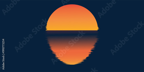 A computer screen displays a digital sunset graphic with a half-orange circle reflected on dark blue water, plus taskbar icons below.