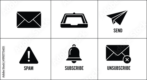 Black and white email with text symbols communication email, black and white, symbols, communication, mail, spam, subscribe, unsubscribe, send, notification, bell, warning, envelope, paper airplane, i