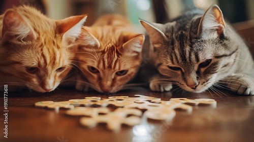 Three curious cats attentively stare at a scattered puzzle on a wooden surface, showcasing their playful and inquisitive nature.