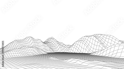 Abstract white mountains on background. 3D topography map of terrain planet Earth. Vector grid landscape with lines and dots. Cyber perspective network of the wave terrain. Concept digital topographic
