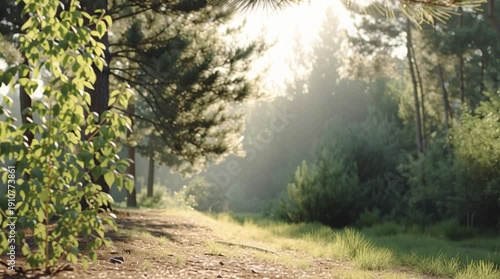 Wallpaper Mural Sunlight filtering through trees in a serene forest setting. Torontodigital.ca