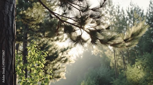 Wallpaper Mural Sunlight filtering through trees in a lush forest setting. Torontodigital.ca