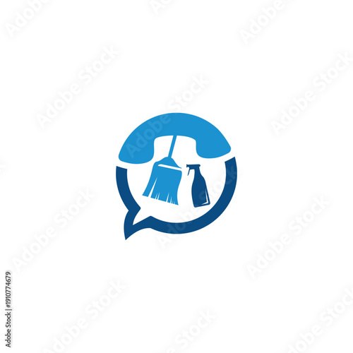 Cleaning Service Logo with Phone and Cleaning Tools.