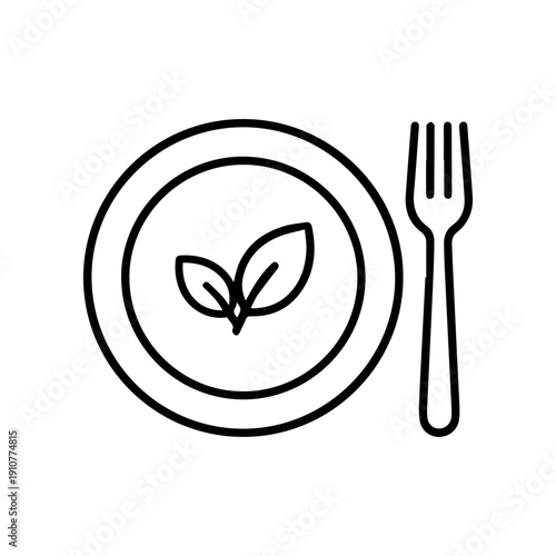 Healthy Eating Plate with Leaf and Fork Line Icon – Nutrition Diet Symbol