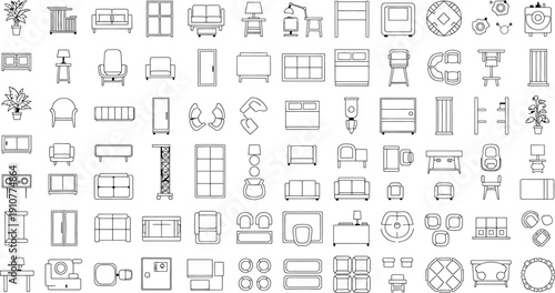 A collection of various furniture line icons isolated on transparent background