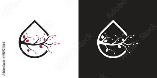 Elegant water drop logo with tree branch and leaves nature concept.