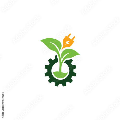 Green energy innovation Plant growing inside a gear with plug.