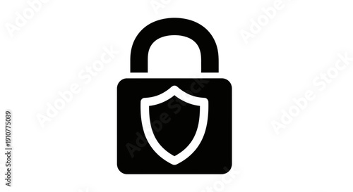 Simple black and white vector icon of a padlock with a shield symbol, representing security and protection