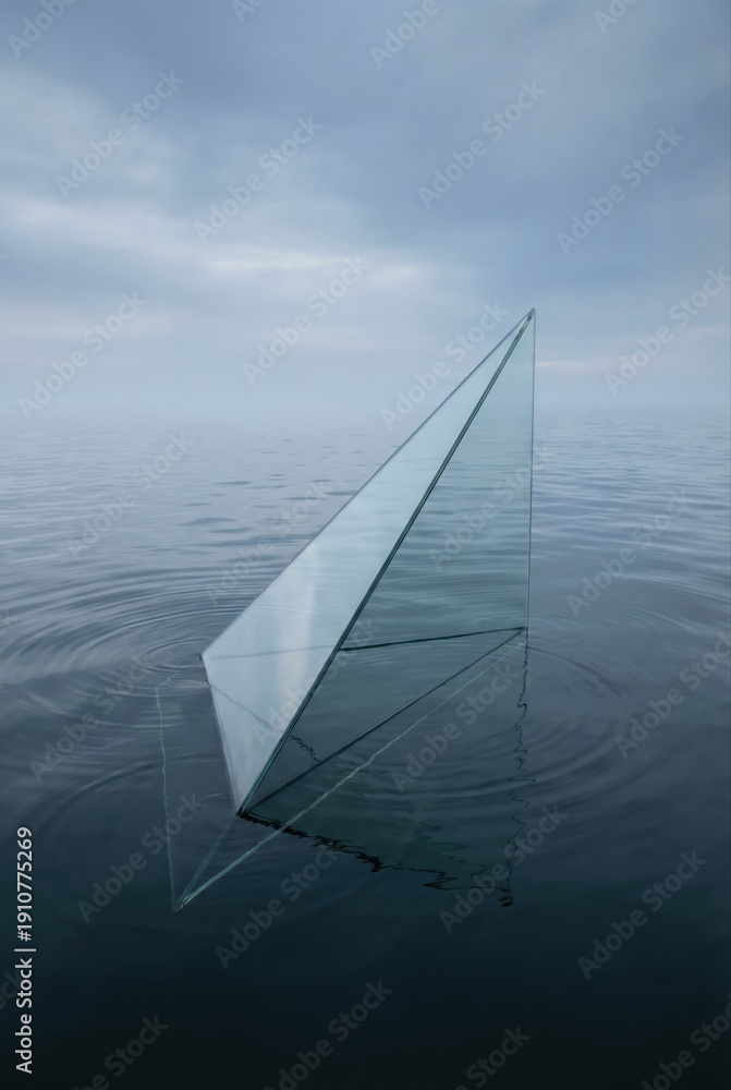 Obraz premium A minimalist glass sculpture floats serenely on calm water under a cloudy sky.