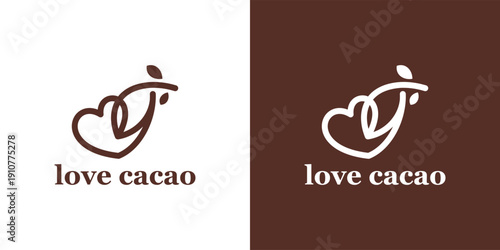 Love Cacao Logo Design Heart and Cocoa Bean Symbol.