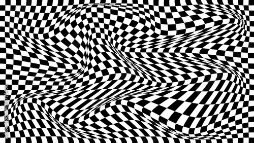 Floor in tile checker. Vector pattern of optical illusion. Moving wave with black and white squares. Op art. Background with chessboard grid. Abstract distorted texture. Psychedelic illustration.