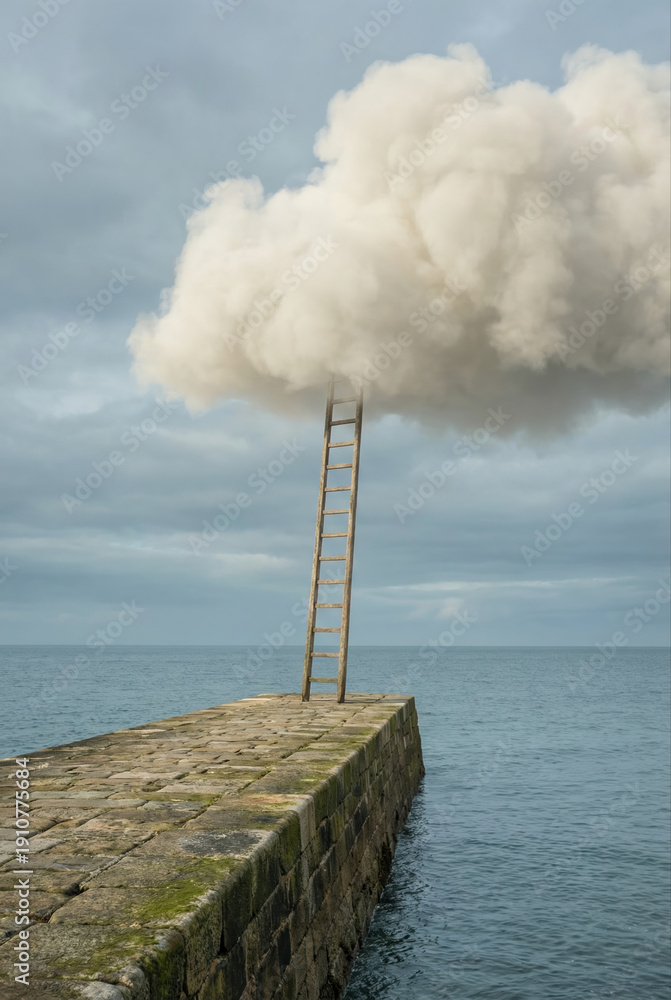Fototapeta premium A wooden ladder leads from a stone pier into a fluffy white cloud over the ocean.