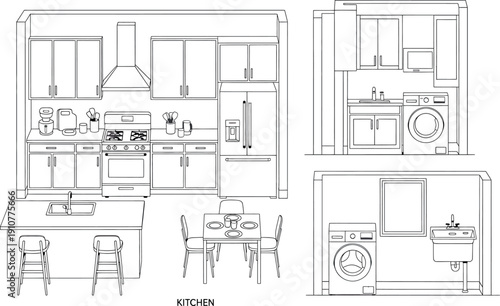 A set of four black and white kitchen and laundry room architectural drawings isolated on transparent background