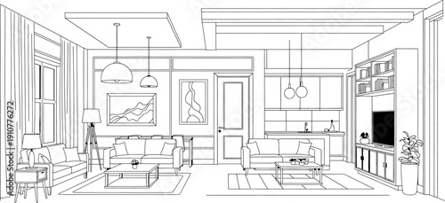A black and white line drawing of a living room interior isolated on transparent background