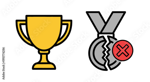 A golden trophy and a broken medal with a red rejection symbol, representing success and failure in a competitive setting, viewed from a straightforward angle