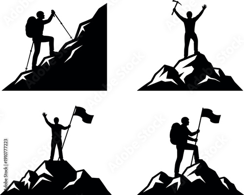 Set of black silhouettes depicting mountain climbers reaching the summit with flags and gear symbolizing success, achievement and outdoor adventure.