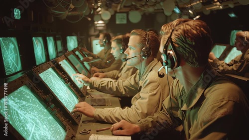 Military personnel monitoring screens in control room