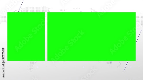 Two box split screen for news, interviews, live broadcast, tv shows, live streaming. Green chroma key cut, 4K loopable world map background with blue elements, simplicity and minimalism design.