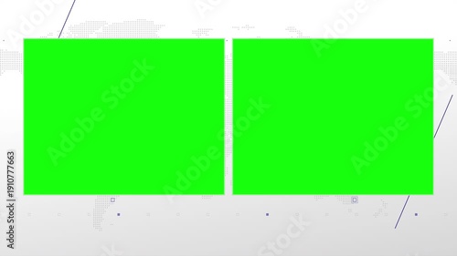 Two box split screen for news, interviews, live broadcast, tv shows, live streaming. Green chroma key cut, 4K loopable world map background with blue elements, simplicity and minimalism design.