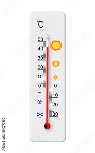 Celsius scale thermometer isolated on transparent background. Ambient temperature plus 44 degrees