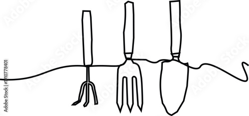 Gardening Tools Continuous One Line Drawing. Minimalist Vector Illustration of Hand Trowel, Fork, and Cultivator. Sustainability and Growth Concepts. Simple Black Linear Garden Sketch.