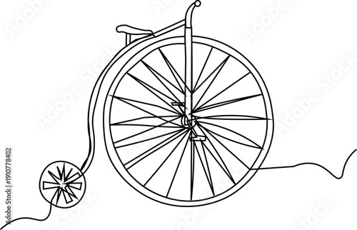 Vintage Penny Farthing Bicycle Continuous Line Art. Minimalist Antique High Wheeler Vector Illustration. Simple Black Linear Sketch of Retro Transport. Classic Cycle Graphic Design.