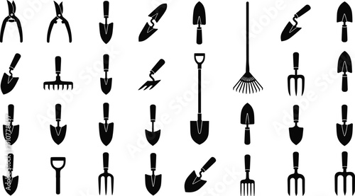 Garden, tools, silhouettes, set, shovel, rake, trowel, fork, equipment, gardening, agriculture, handtools, farming, isolated, illustration, black, collection, design, icon, kit