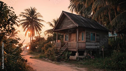 Tropical beach house at sunset