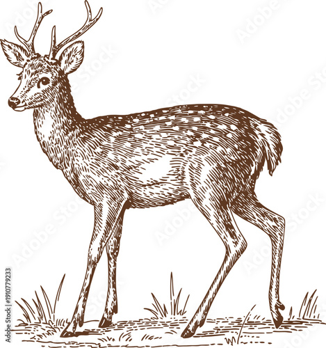 Antique woodcut style drawing of spotted deer stag standing in grassy field