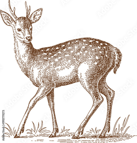 Traditional pen and ink drawing of young male deer looking back over shoulder