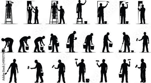 Painter, worker, silhouettes, painting, walls, renovation, construction, ladder, roller, bucket, maintenance, house, repair, professional, labor, people, isolated, black, collection, illustration