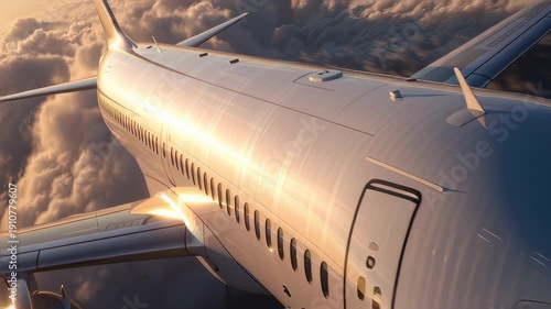 Airplane flying through clouds above