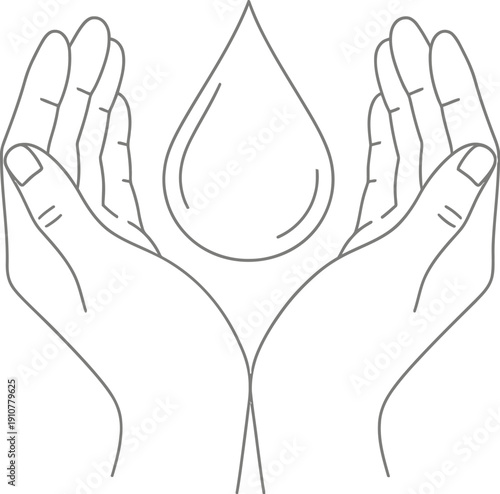Simple line art illustration depicting two cupped human hands gently cradling a single teardrop shaped water droplet symbolizing conservation and purity