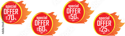 Set of dynamic red circular special offer element stickers with fire graphics and percentage discount tags for hot retail sales and urgent promotions