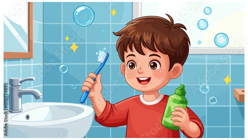 Cute little boy brushing teeth with green toothpaste in bright bathroom with blue tiles and bubbles