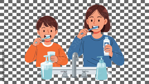 Children brushing teeth together with toothpaste and cups in bathroom with checkered wall background